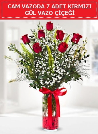 Cam vazoda 7 adet kırmızı gül çiçeği  Ağrı çiçek gönderme sitemiz güvenlidir 
